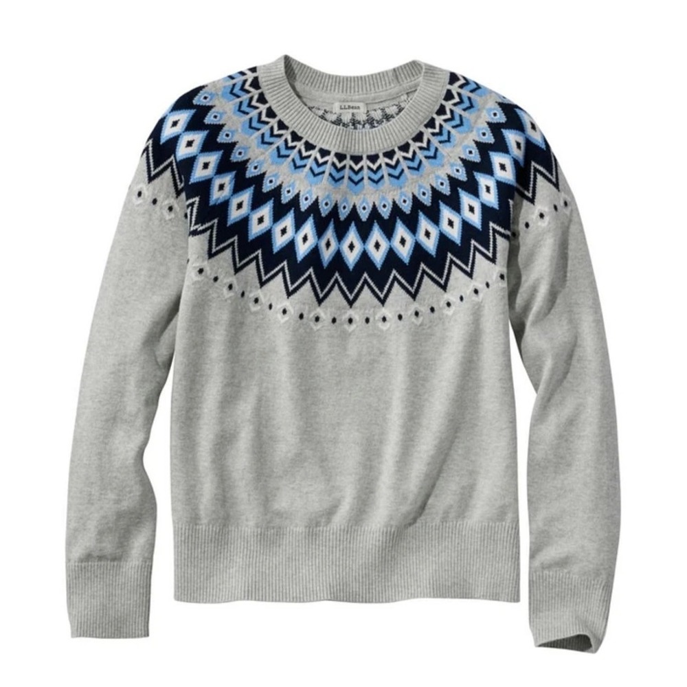 LL Bean Women Medium Cotton Cashmere Fair Isle Sweater Gray Blue Yoke 513962